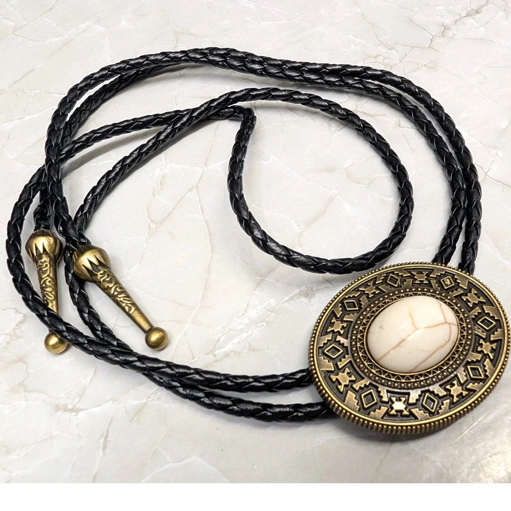 New Bolo Tie Black White Faux Howlite Stone Western Cowboy Cowgirl Braided Cord